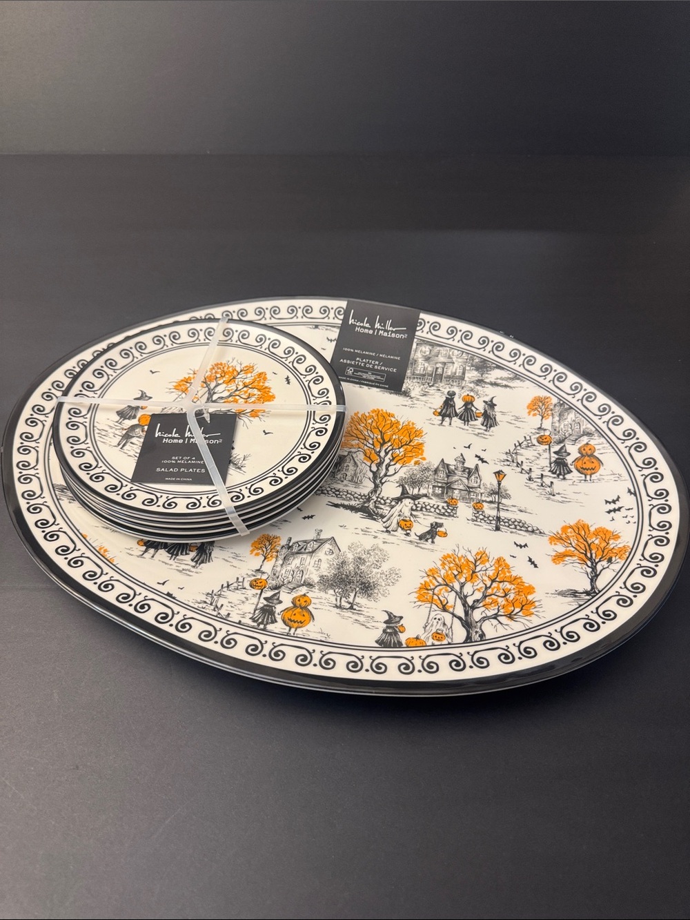 5pc NICOLE MILLER Home Halloween Salad Plates/Platter Set - 100% Melamine